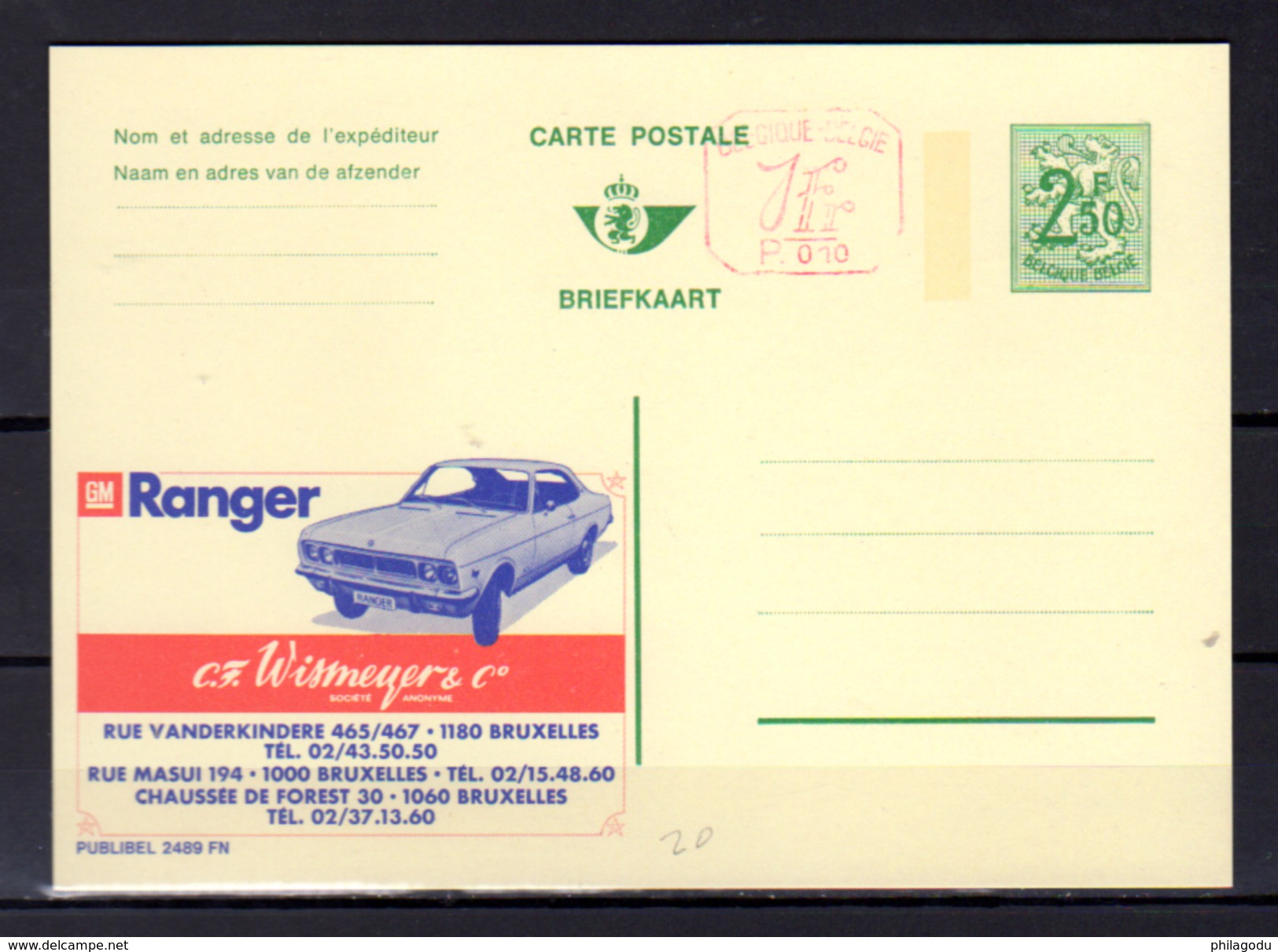 Carte Publibel 2489 FN, Voiture RANGER  G.M. Ets Wismeyer, Neuve Et Idem Avec Valeur Complémentaire. - Publibels