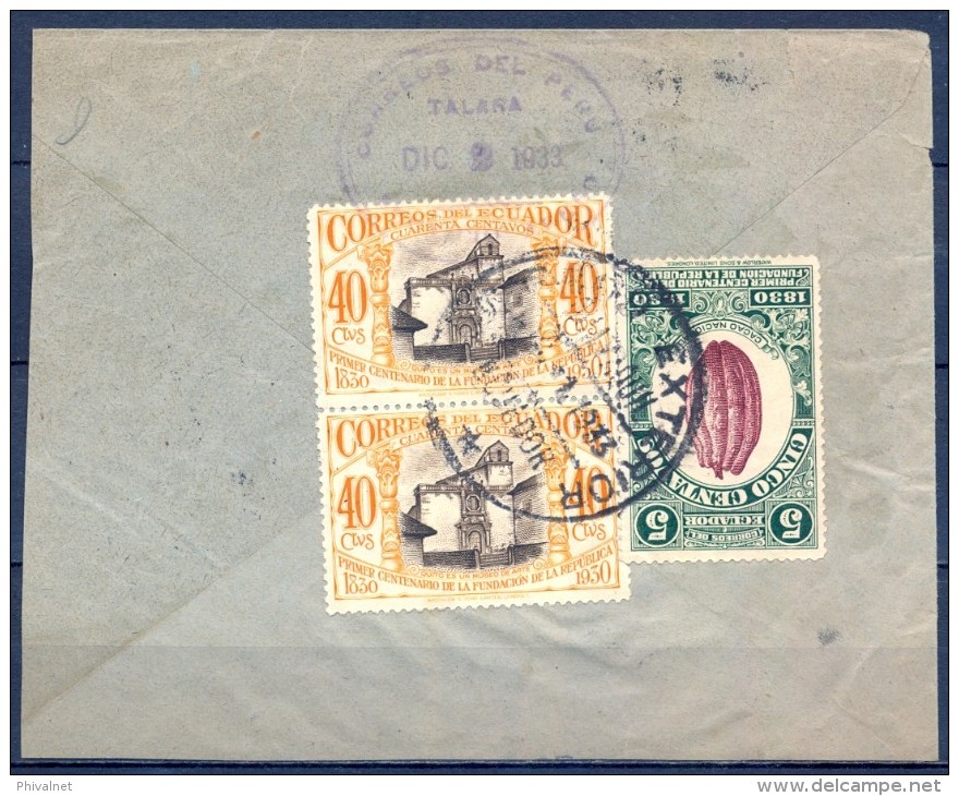 ECUADOR , 1933 , GUAYAQUIL - TALARA ( PERÚ ) , CORREO AÉREO PANAGRA , MAT. CORREO / EXTERIOR , LLEGADA - Ecuador