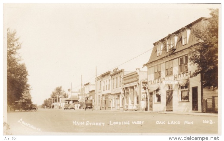 Oak Lake Manitoba Canada (near Sifton), Main Street Scene, Oakland Hotel, Autos, C1920s Vintage Real Photo Postcard - Other & Unclassified
