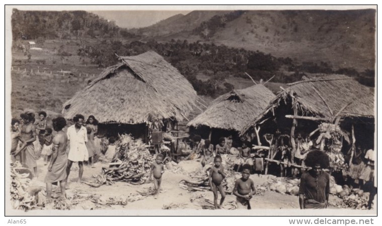 New Guinea Village Scene With Womane Children And Men, Huts, C1920s Vintage Real Photo Postcard - Papua New Guinea