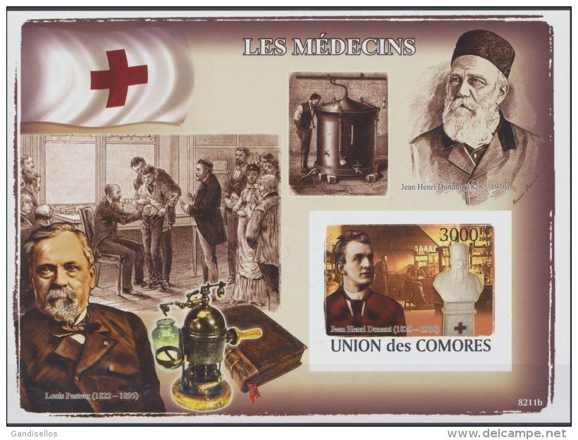 COMORES SHEET IMPERF LES MEDECINS THE DOCTORS HENRI DUNANT RED CROSS NOBEL PRIZE LOUIS PASTEUR - Henry Dunant