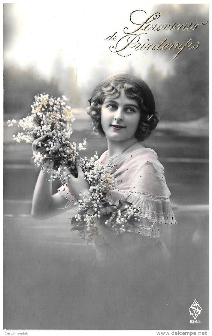 [DC3320] CPA - DONNA CON FIORI - SOUVENIR DE PRIMTEMPS - Viaggiata 1912 - Old Postcard - Fiori