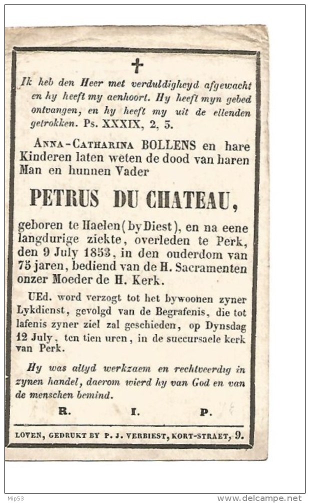 142. PETRUS DU CHATEAU  -  °HAELEN (DIEST)  /  +  PERK  1853  (75j.) - Images Religieuses