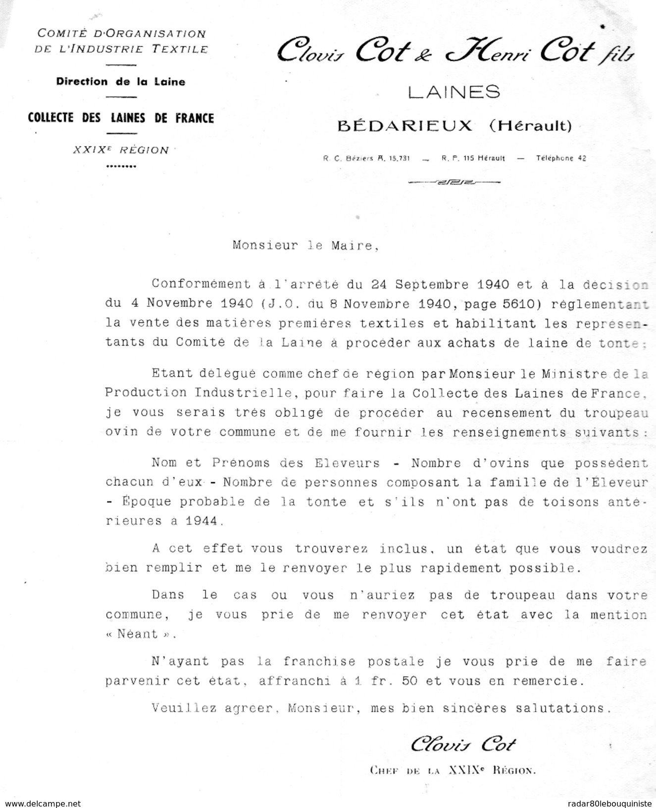 Clovis Cot & Henri Cot Fils.Laines.Bédarieux (Hérault) Comité D'organisation De L'industrie Textile.XXIXe Région.1944 - Textile & Clothing