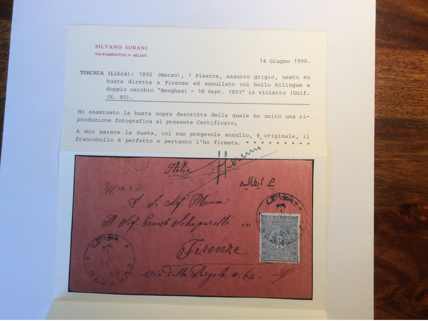 Turkey Used In Libya: BENGHAZI 1893 Cds Cover > Firenze Via Malta. Cert. Sorani, Ex. Hornung Coll. (Libye Libyen Lettre) - Storia Postale