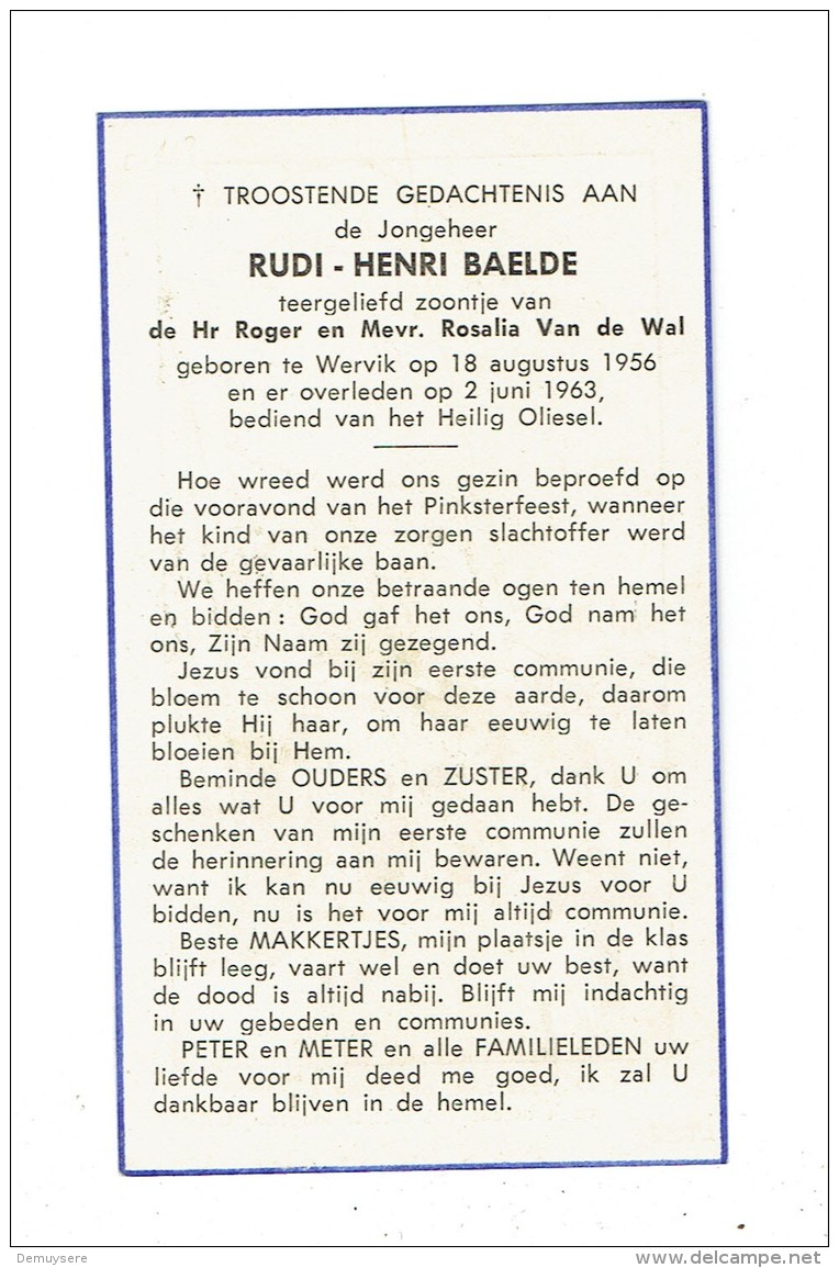 1731 ( 2 Scans ) DOODSPRENTJE  -  RUDI BAELDE - WERVIK 1956 + 1963 - Devotion Images