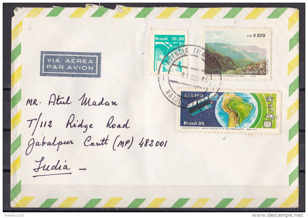 BRAZIL, 1985, Airmail Cover From Brazil To India With 3 Stamps To Jabalpur, Globe, Satellite, Mountains - Airmail