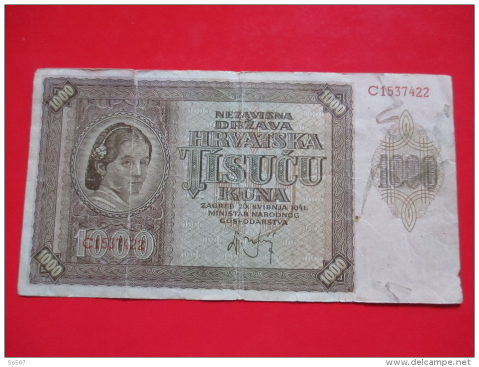 X1- 1000 Kuna 1941. NDH Croatia German  WW2 WWII - Circulated Banknote - Croatie