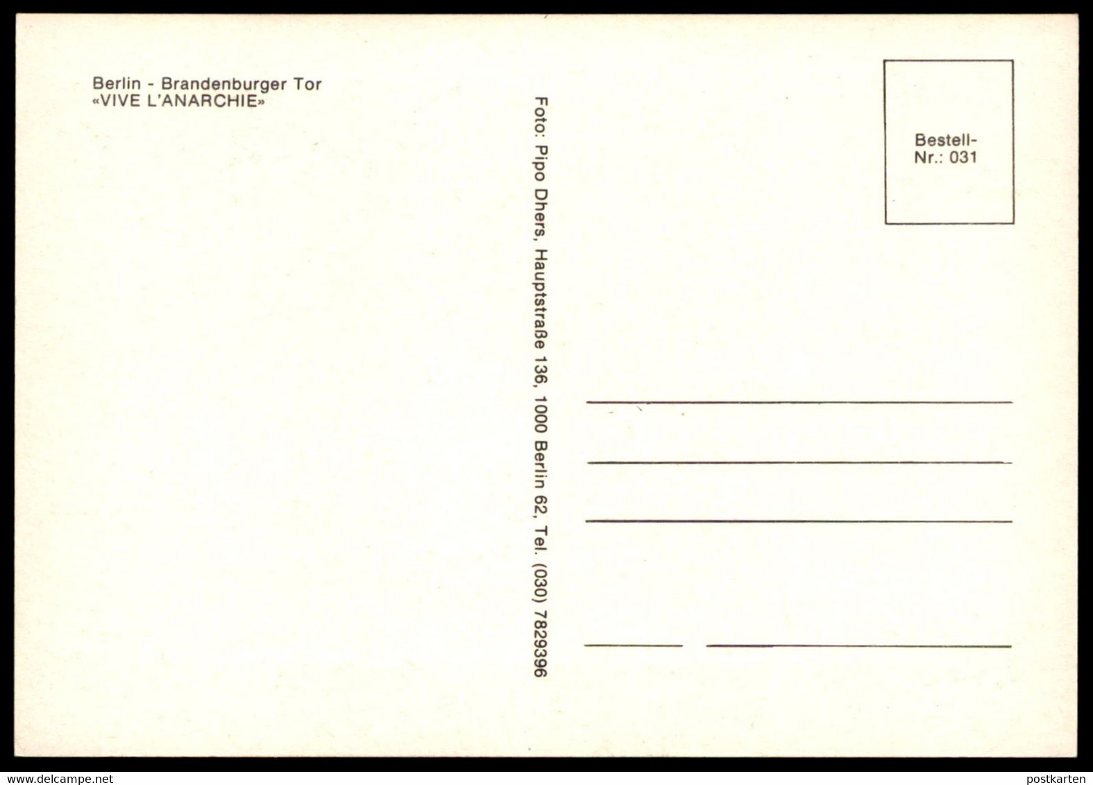 ÄLTERE POSTKARTE BERLIN BRANDENBURGER TOR VIVE L'ANARCHIE BERLINER MAUER THE WALL LE MUR SOLDAT NVA Cpa Postcard - Brandenburger Deur