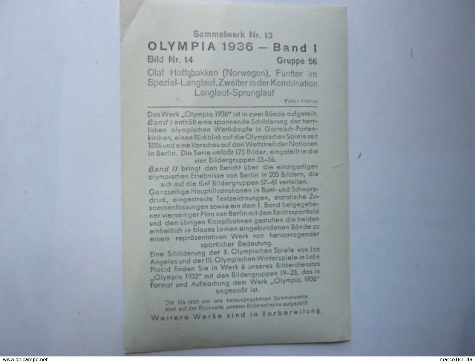 OLYMPIA 1936 - Band 1 - Bild Nr 14 Gruppe 56 - Olaf Hoffsbakken Norvege - Sport