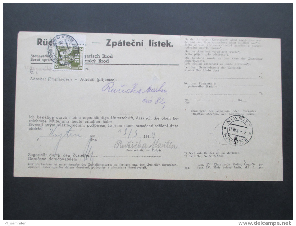 DR / Böhmen Und Mähren 1944 Dienst Nr. 10 EF Frankierter Rückschein! Korytna / Niwnitz. Randstück Rechts! - Covers & Documents
