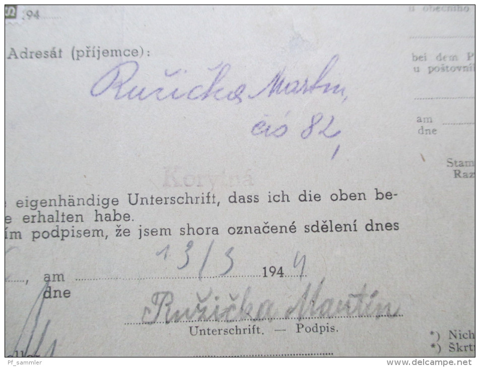 DR / Böhmen Und Mähren 1944 Dienst Nr. 10 EF Frankierter Rückschein! Korytna / Niwnitz. Randstück Rechts! - Storia Postale