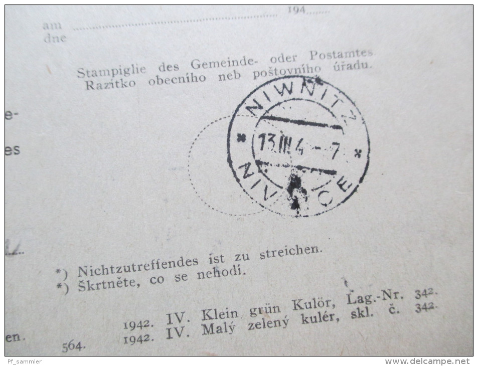 DR / Böhmen Und Mähren 1944 Dienst Nr. 10 EF Frankierter Rückschein! Korytna / Niwnitz. Randstück Rechts! - Storia Postale