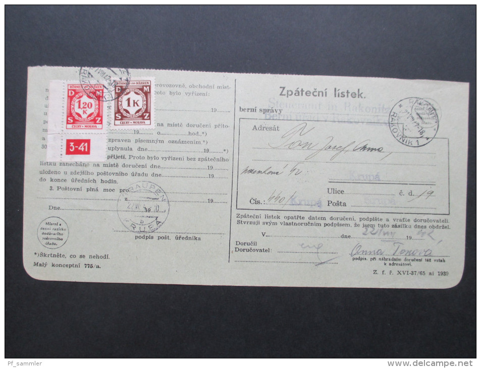 DR / Böhmen Und Mähren 1942 Frankierter Steuerbescheid / Steueramt In Rakonitz. Eckrandstück Nr. 7 Plattennummer 3-41 - Lettres & Documents
