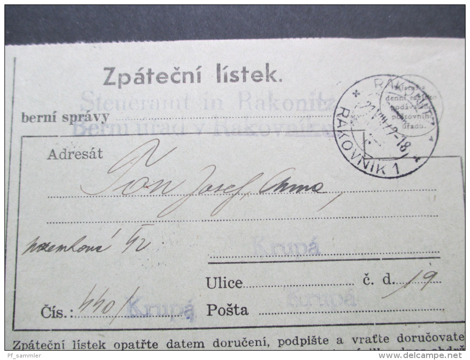 DR / Böhmen Und Mähren 1942 Frankierter Steuerbescheid / Steueramt In Rakonitz. Eckrandstück Nr. 7 Plattennummer 3-41 - Brieven En Documenten