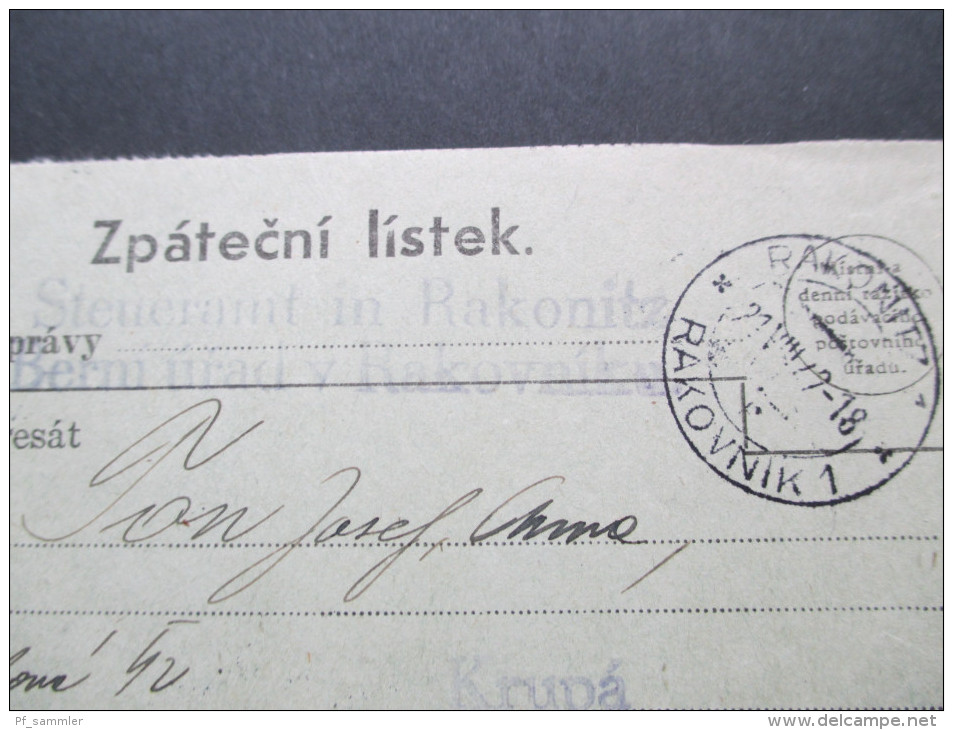 DR / Böhmen und Mähren 1942 Frankierter Steuerbescheid / Steueramt in Rakonitz. Eckrandstück Nr. 7 Plattennummer 3-41