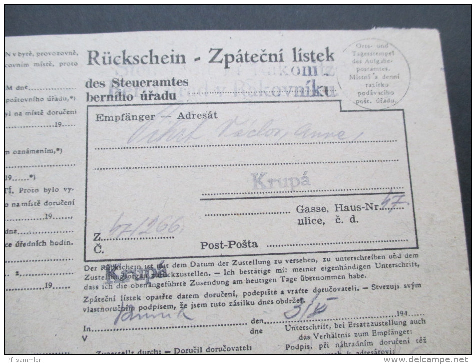DR / Böhmen Und Mähren 1942 Frankierter Rückschein.Steueramt Rakonitz. Eckrandstück Nr. 2 Plattennummer 2-41 - Briefe U. Dokumente