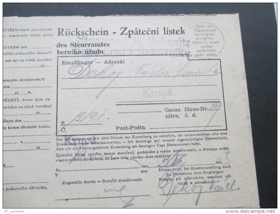 DR / Böhmen Und Mähren 1942 Frankierter Rückschein.Steueramt Rakonitz. Eckrandstück Nr. 2 Plattennummer 2-41 - Cartas & Documentos