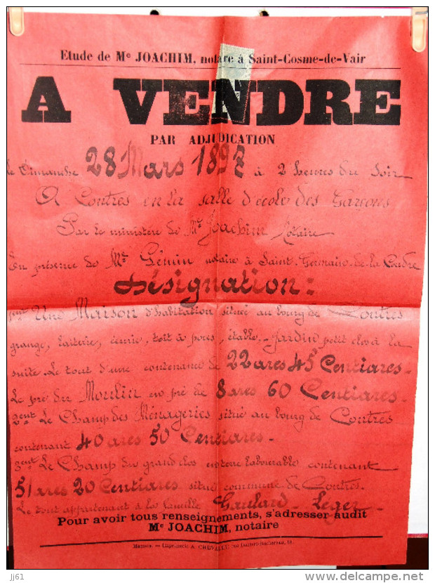 CONTRES SARTHE ECOLE DES GARCONS AFFICHE DE VENTE MAISON DE BOURG ANNEE 1897 ECRITE PAR M JOACHIM SAINT COSME DE VAIR - Affiches