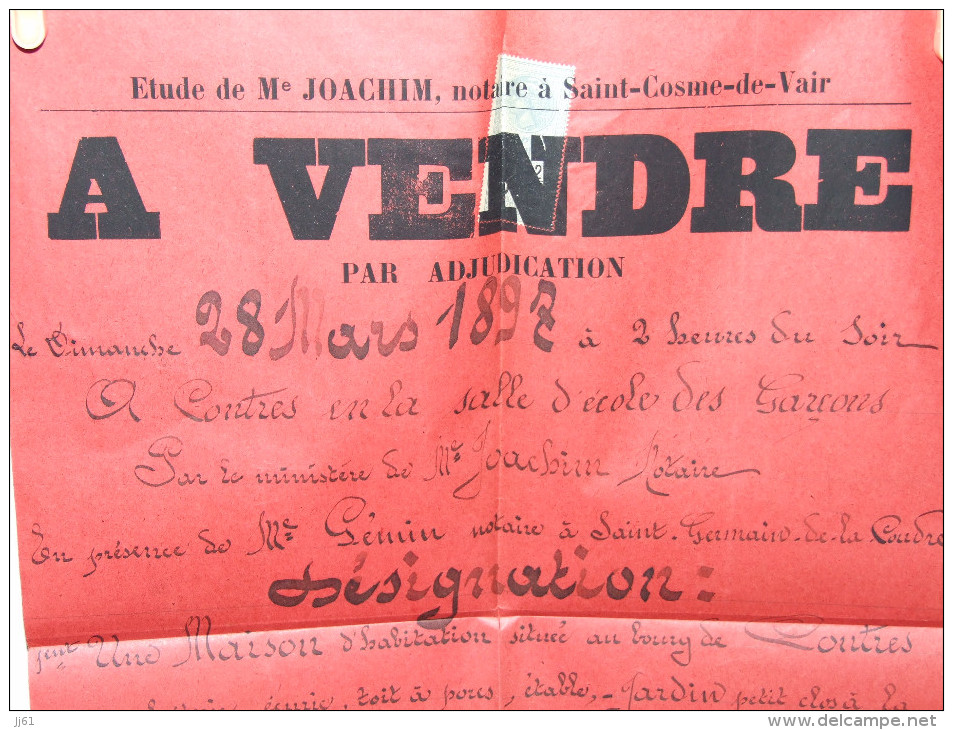 CONTRES SARTHE ECOLE DES GARCONS AFFICHE DE VENTE MAISON DE BOURG ANNEE 1897 ECRITE PAR M JOACHIM SAINT COSME DE VAIR - Manifesti