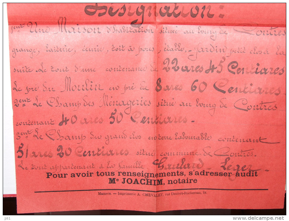 CONTRES SARTHE ECOLE DES GARCONS AFFICHE DE VENTE MAISON DE BOURG ANNEE 1897 ECRITE PAR M JOACHIM SAINT COSME DE VAIR - Manifesti