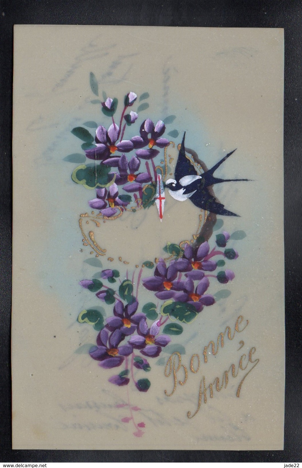 CPA FANTAISIE CELLULOID DOREE OR Art Nouveau Art Déco Peinte à La Main Oiseau Hirondelle Couronne Fleurs Violettes -#298 - Nouvel An