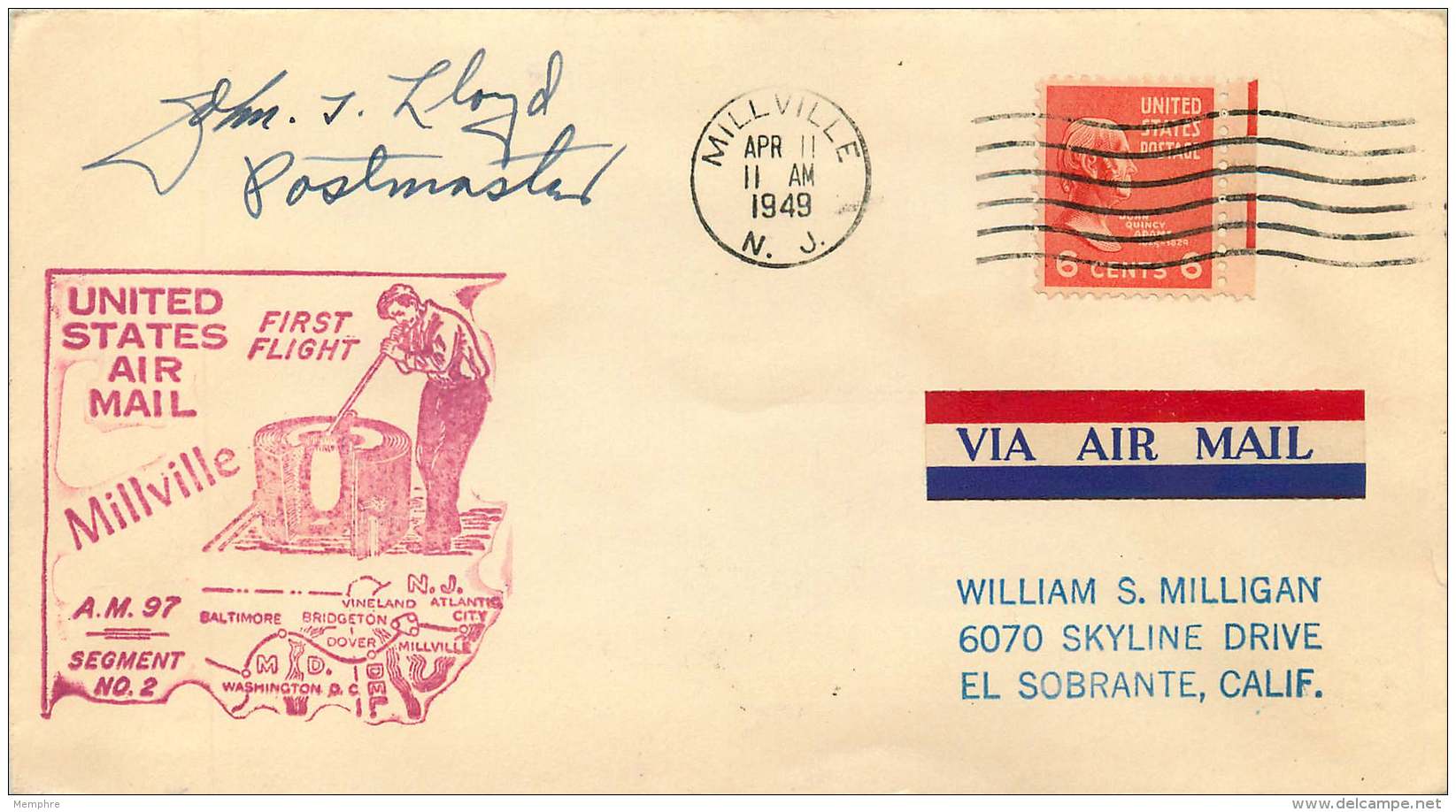 1949   US Air Mail First Flight AM 97, Segment 2  Millville NJ - 2c. 1941-1960 Covers