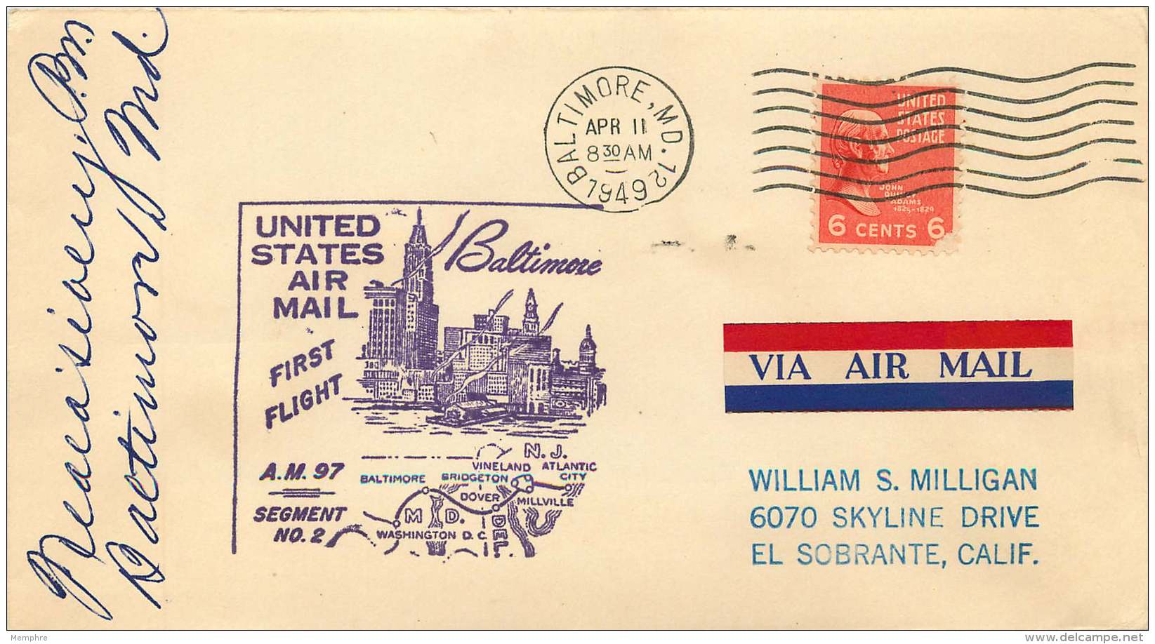 1949   US Air Mail First Flight AM 97, Segment 2 Baltimore MD  Signed By Postmaster - 2c. 1941-1960 Covers