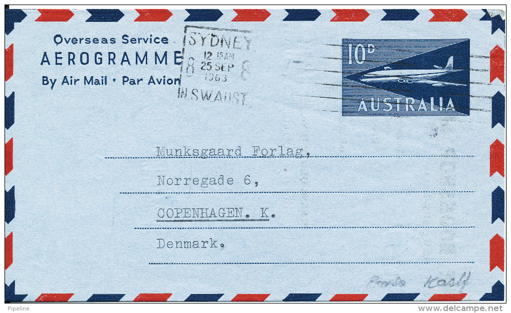 Australia Aerogramme Overseas Service Sent To Denmmark Sydney 25-9-1963 - Aerogramme