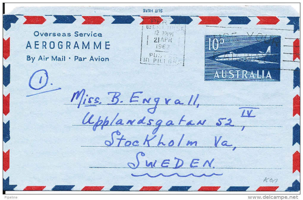 Australia Aerogramme Overseas Service Sent To Sweden Perth 21-4-1962 - Aerograms