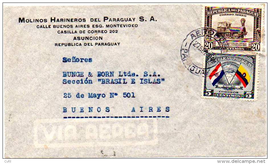 PARAGUAY 1945 - Air Cover From Asuncion To Buenos Aires. Flags + Early Locomotive - Paraguay