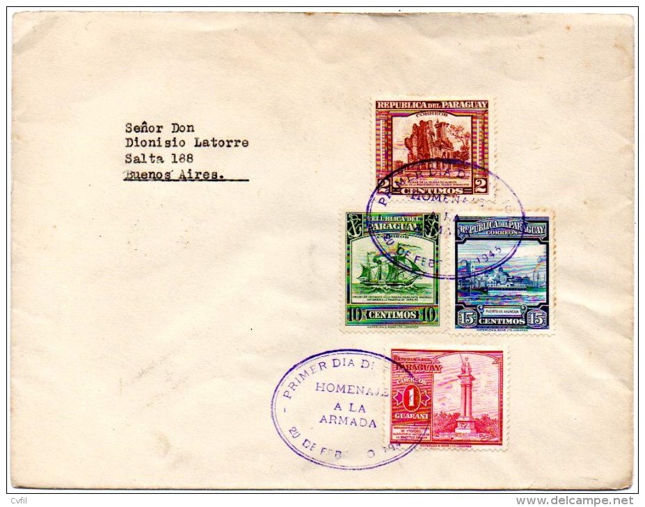 PARAGUAY 1945 - Circulated Registered First Day Cover To Buenos Aires. Humaitá Church + Ship + Asuncion Port - Paraguay