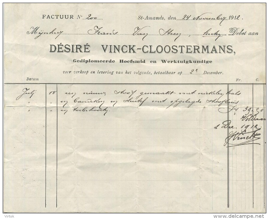 Sint-Amands Aan De Schelde ( Willebroek ) Désiré Vinck-Cloostermans : Gediplomeerde Hoefsmid/ Werktuigkundige ( Zie Scan - ... - 1799