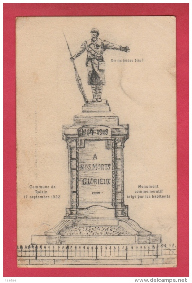 Roisin - Le Monument ... D'après Croquis, élevé Le 17 Septembre 1922 ( Voir Verso ) - Honnelles