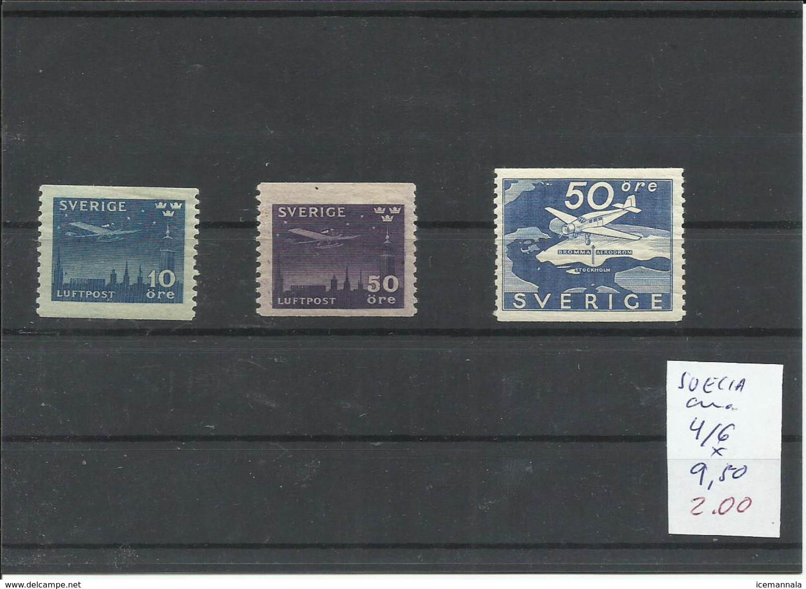 SUECIA YVERT AEREO 4/6  MH  * - Unused Stamps