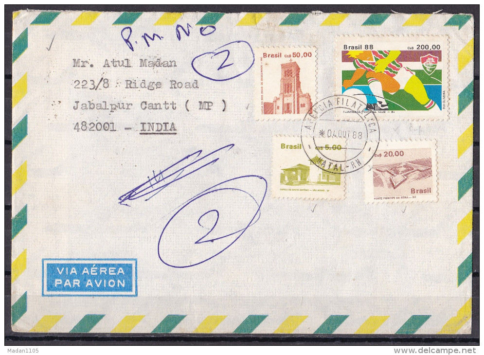 BRAZIL, 1988, Airmail Cover From Brazil To India With 4 Stamps To Jabalpur, Soccer, Architecture - Airmail