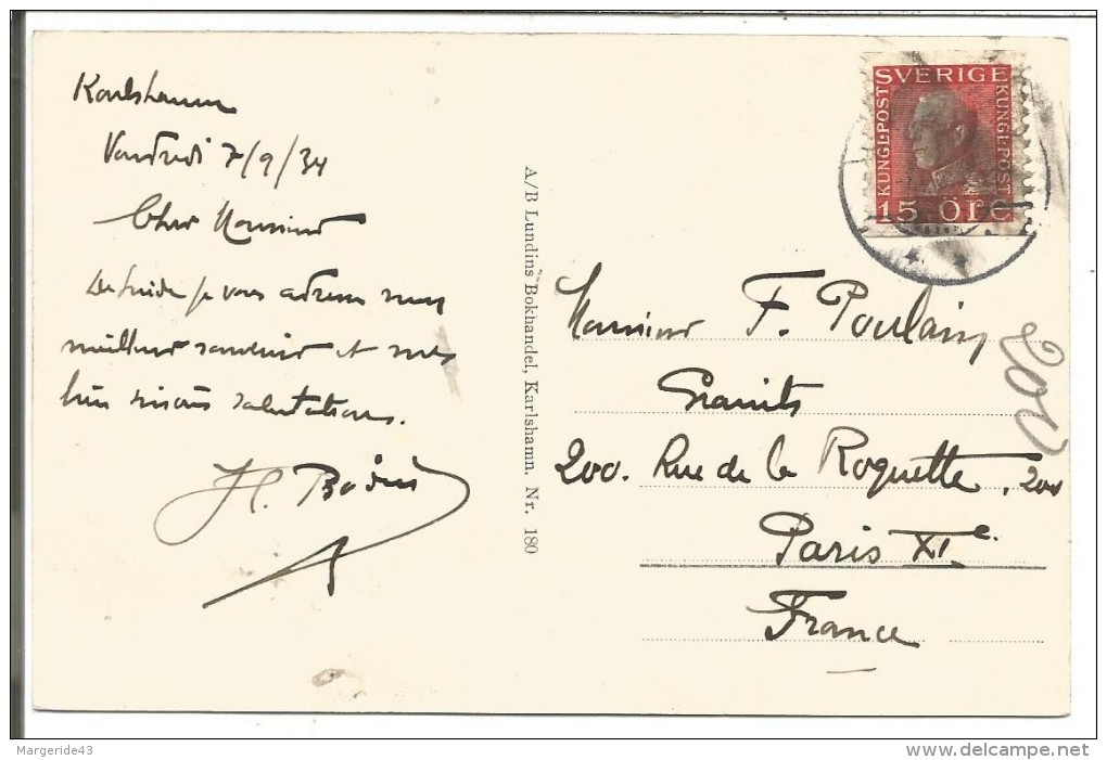 SUEDE CARTE DE KARLSHAMN POUR LA FRANCE DU 7/9/1924 - 1920-1936 Franqueo I
