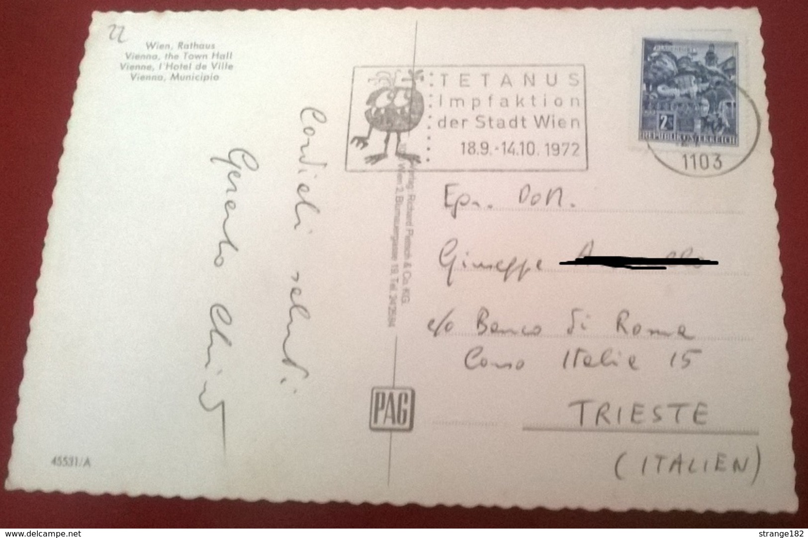 TIMBRO POSTALE SU CARTOLINA "TETANUS IMPFAKTION DER STADT WIEN 18.9-1410.72" - Timbri Generalità