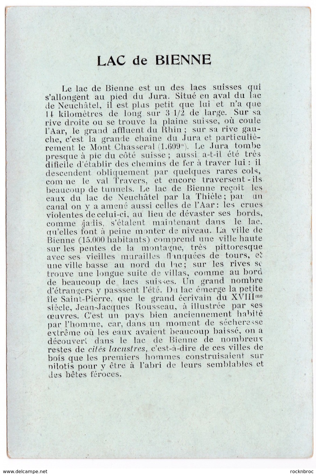 Chromo Fiche Illustrée Collection Hugo D'Alési Lac De Bienne Suisse - Géographie