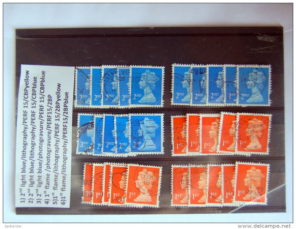 Great Britain - Machin NVI 2nd Light Blue & 1st Flame - 3 Differentes Types Each X 5 (30 Stamps) - Machins