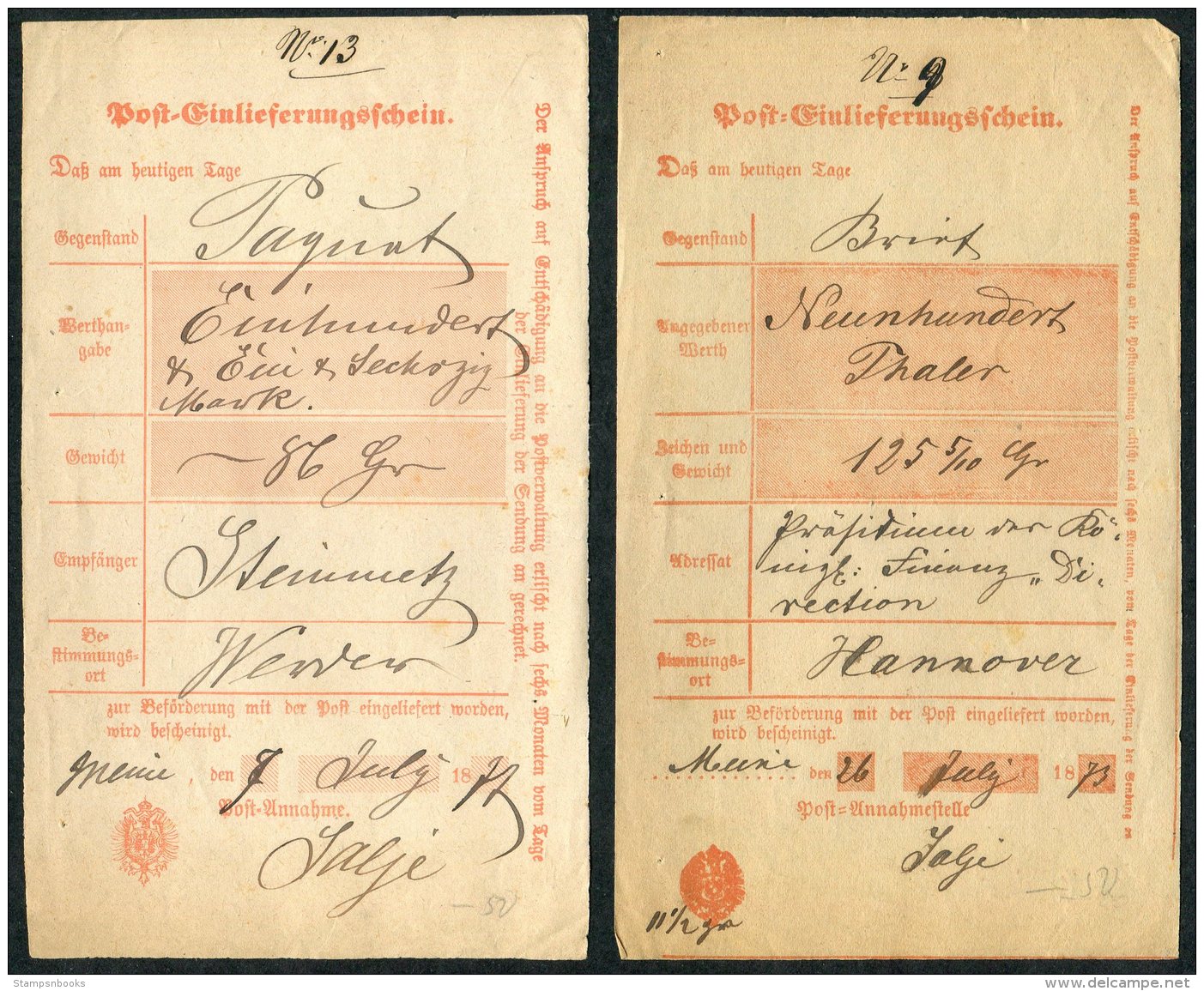 1870s Post Office Form X 5 Weinheim, Eichtersheim - Storia Postale