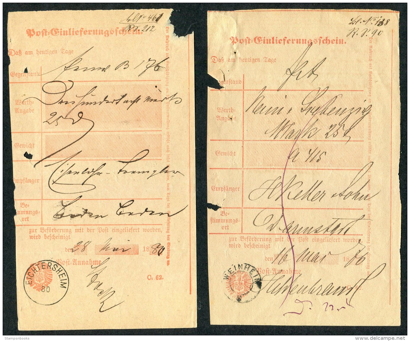 1870s Post Office Form X 5 Weinheim, Eichtersheim - Covers & Documents