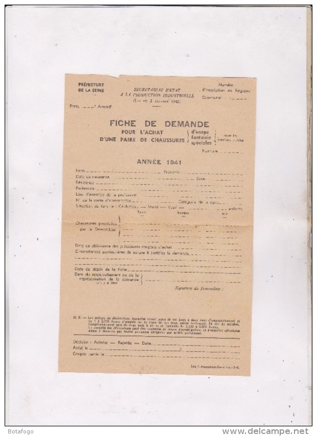 FICHE DE DEMANDE POUR L ACHAT D UNE PAIRE DE CHAUSSURES En 1941 !! - Documents Historiques