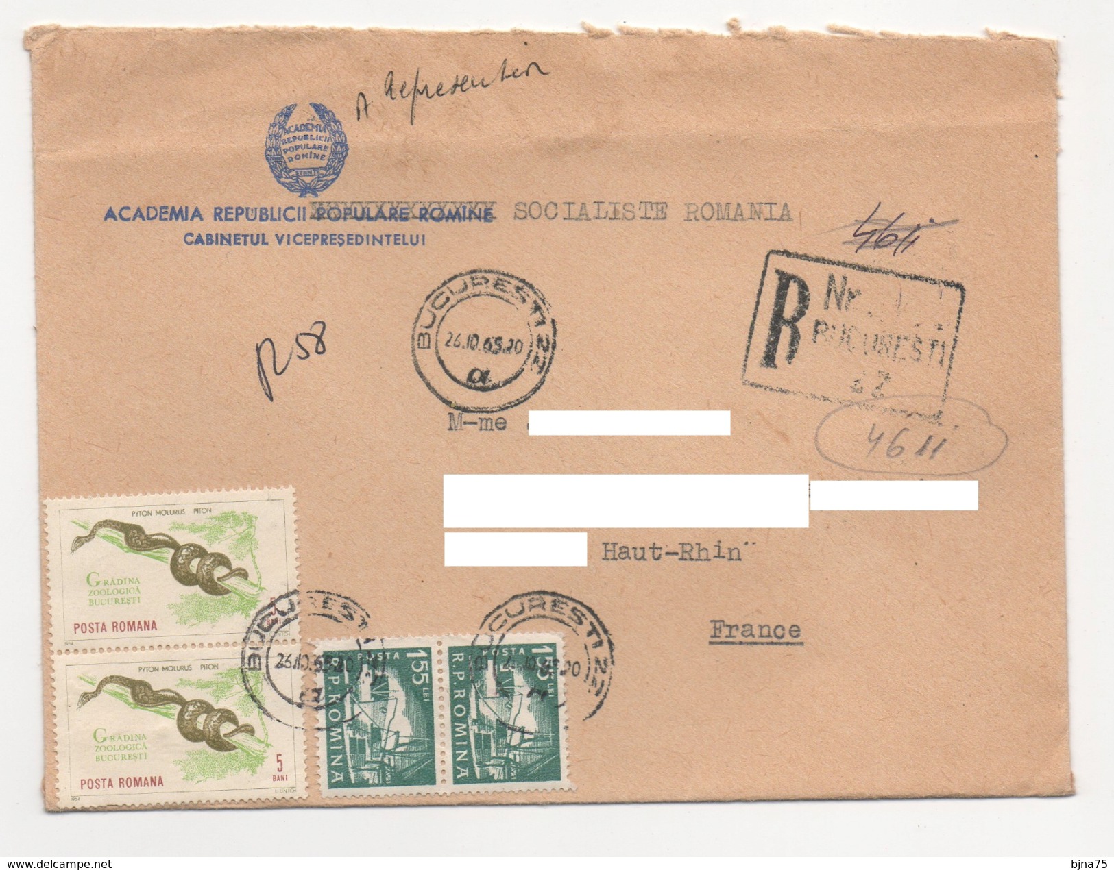 ROUMANIE Bucarest 1965 - Registered Letter Lettre Recommandée N° YT  2054 / T. Faune. / Reptile /  Pyton Molurus. Python - Covers & Documents