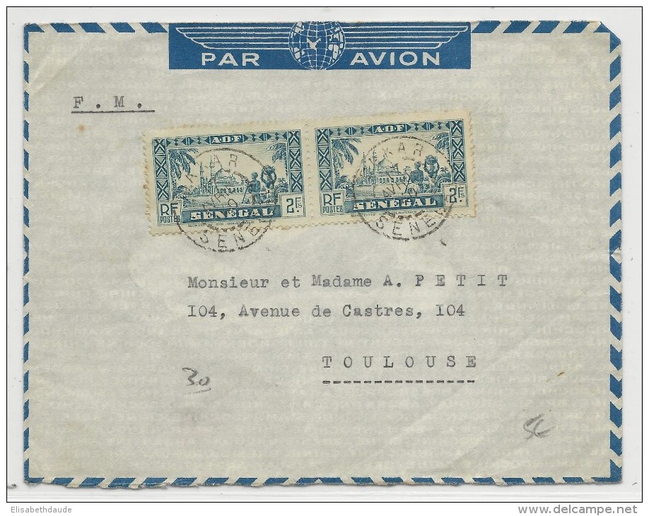 SENEGAL - 1940 - ENVELOPPE FM Par AVION De DAKAR  Pour TOULOUSE - Lettres & Documents