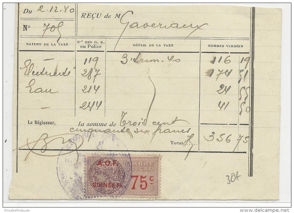 GUINEE - 1940 - TIMBRE FISCAL Sur RECU - Briefe U. Dokumente