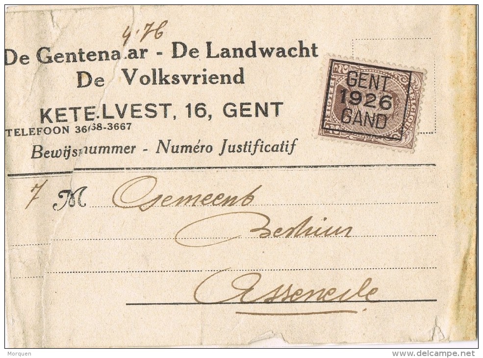 19421. Faja Publicacion Preobliterado  GENT , Gand (Belgien) 1926. Roulotte. De Gentenaar - Roller Precancels 1900-09