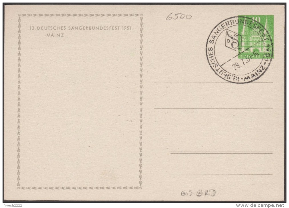 Allemagne 1951. Entier Postal Illustré, Timbré Sur Commande. Union Des Chanteurs Allemands à Mayence - Musica