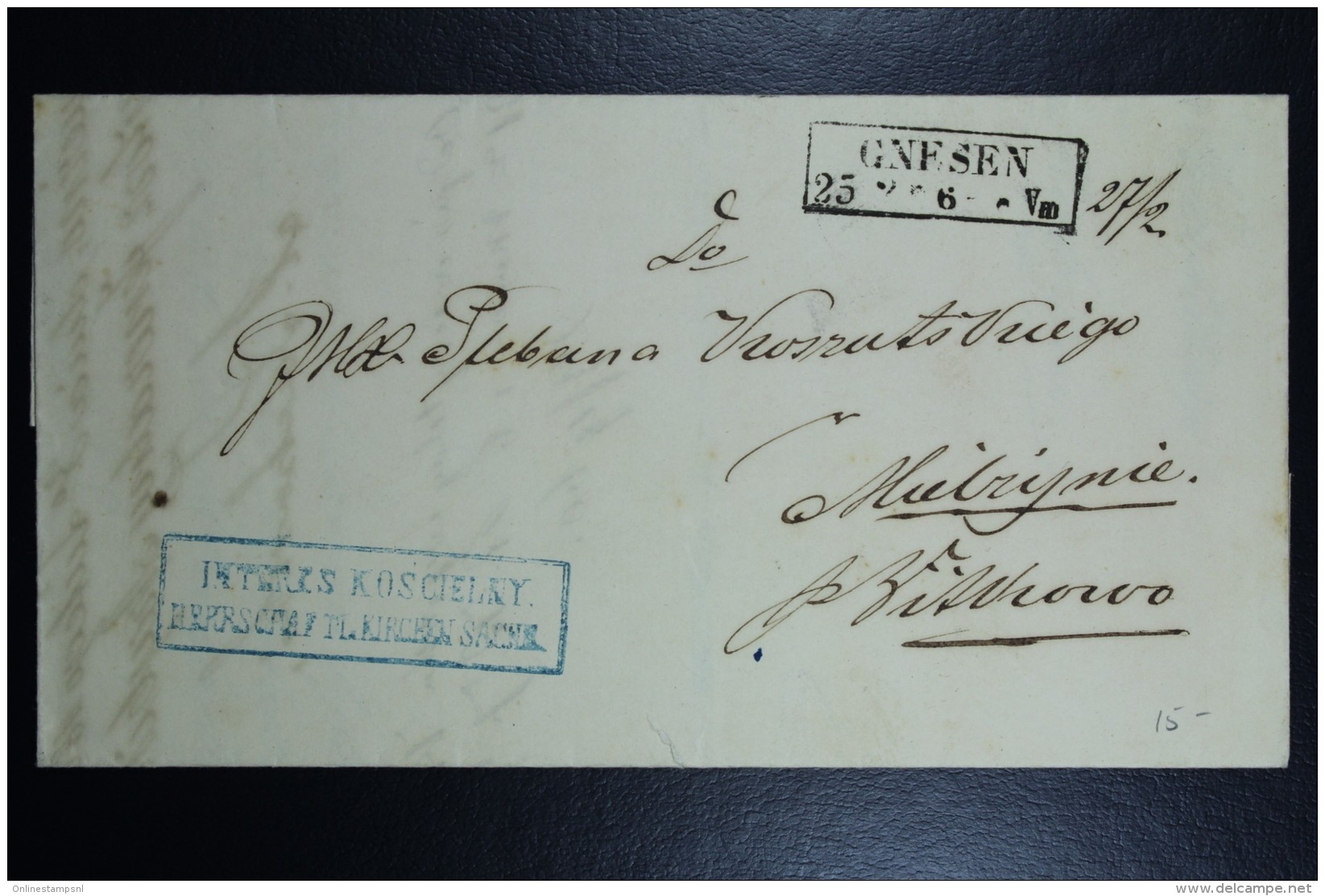 Poland: 1860 Letter Gnesen Gniezo In Box To Mielzyn / Witkowo In Blue Box Church Affairs In German And Polish - ...-1860 Prephilately