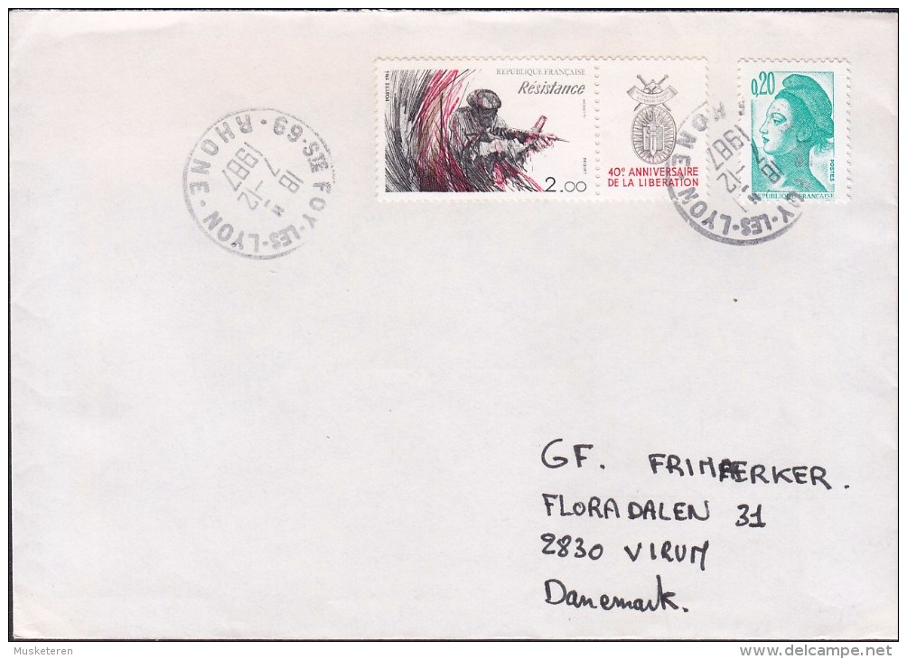 France FOY-les-LYON 1987 Cover Lettre Denmark Anniversaire De Liberation VARIETY ERROR Liberté LOW PRINT !! (2 Scans) - Cartas & Documentos